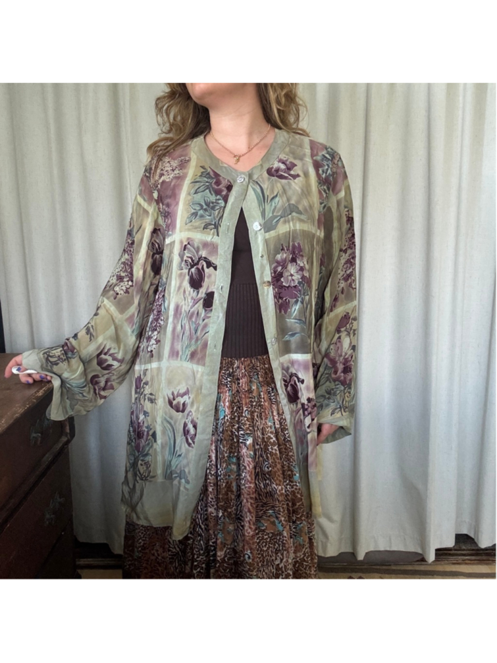 Citron 100% Silk Button Down Top w/ Abstract Botanical Pattern • Size: XL